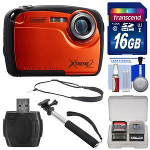 Coleman Xtreme2 C12WP Shock & Waterproof Digital Camera with HD Video (Orange) with 16GB Card + Selfie Stick Monopod + Sling Strap + Kit