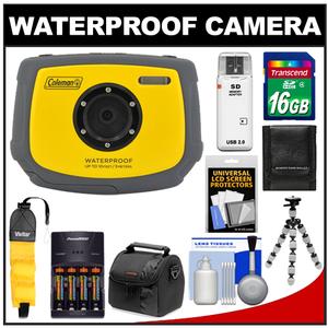 Coleman Xtreme C4WP Anti-Shake & Waterproof Digital Camera with Flip-up Screen (Yellow) with 16GB Card + Batteries/Charger + Case + Floating Strap + Accessory K - Digital Cameras and Accessories - Hip Lens.com