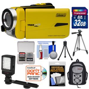 Coleman CVW20HD Waterproof HD Digital Video Camera Camcorder (Yellow) with 32GB Card + LED Light + Backpack Case + Tripod + Kit