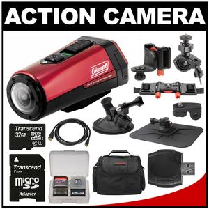 Coleman Aktivsport CX9WP GPS HD Video Action Camera Camcorder (Red) with 32GB Card + Car Suction Cup & Dashboard Mounts + Case + HDMI Cable + Kit