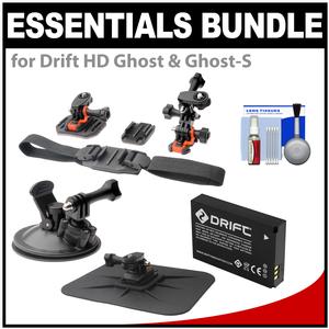 Essentials Bundle for Drift HD Ghost & Ghost-S Action Camcorder with Helmet Flat Surface & Car Mounts + Battery + Accessory Kit