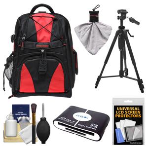 Precision Design Multi-Use Laptop/Tablet Digital SLR Camera Backpack Case (Black/Red) with Spudz Cleaning Cloth + Multi-Card Reader + Tripod + Accessory Kit