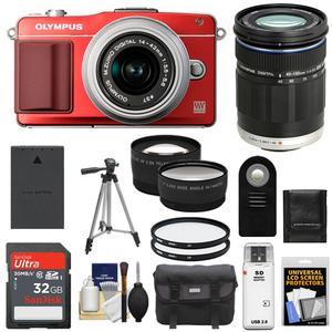 Olympus PEN E-PM2 Digital Camera Body & 14-42mm II R Lens (Red/Silver) with 40-150mm Lens + 32GB Card + Backpack + Battery + Tripod + Filters + 2 Lens Kit
