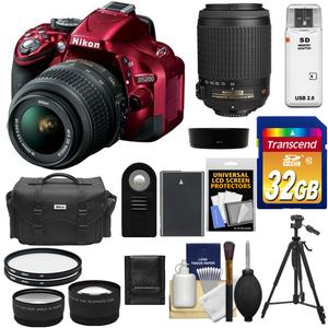 Nikon D5200 Digital SLR Camera & 18-55mm G VR DX AF-S Zoom Lens (Red) with 55-200mm VR Lens + 32GB Card + Battery + Case + Filters + Tele/Wide Lens + Tripod Kit