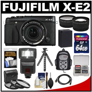 Fujifilm X-E2 Digital Camera & 18-55mm XF Lens (Black) with 64GB Card + Battery + Backpack + Flex Tripod + Flash + Tele/Wide Lens + Kit