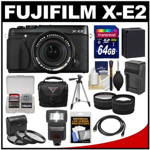Fujifilm X-E2 Digital Camera & 18-55mm XF Lens (Black) with 64GB Card + Case + Flash + Battery + Tripod + Tele/Wide Lens Kit
