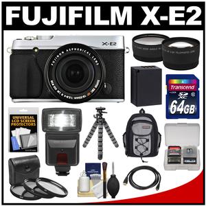 Fujifilm X-E2 Digital Camera & 18-55mm XF Lens (Silver) with 64GB Card + Battery + Backpack + Flex Tripod + Flash + Tele/Wide Lens + Kit