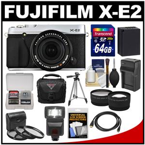 Fujifilm X-E2 Digital Camera & 18-55mm XF Lens (Silver) with 64GB Card + Case + Flash + Battery + Tripod + Tele/Wide Lens Kit