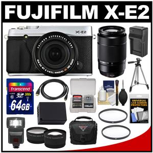 Fujifilm X-E2 Digital Camera & 18-55mm XF Lens (Silver) with 50-230mm OIS Lens + 64GB Card + Case + Flash + Battery + Tripod + Tele/Wide Lens Kit