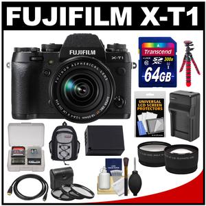 Fujifilm X-T1 Weather Resistant Digital Camera & 18-55mm XF Lens with 64GB Card + Case + Battery & Charger + Tripod + Tele/Wide Lens Kit