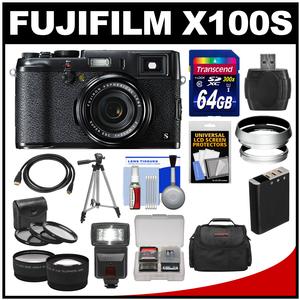 Fujifilm X100S Digital Camera (Black/Black) with 64GB Card + Case + Flash + Battery + Tripod + Tele/Wide Lenses + Kit