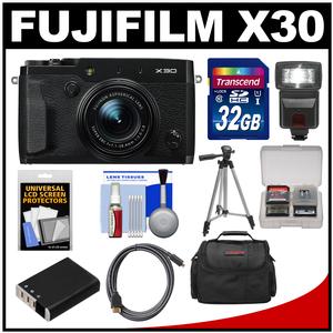 Fujifilm X30 Wi-Fi Digital Camera (Black) with 32GB Card + Case + Flash + Battery + Tripod + Kit