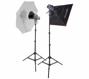 Interfit INT182 EX150 Mark II Two Head Home Studio Lighting Flash Kit with (2) Flash Heads  (2) Stands  Translucent Umbrella & 24" Softbox - Digital Cameras and Accessories - Hip Lens.com