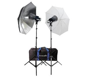 Interfit INT114 SXT3200 Twin Head Kit - 2 Heads  2 500w Lamps  2 Light Stands Also Includes 1 Silver & 1 Translucent Umbrella  Training DVD & Kit Bag - Digital Cameras and Accessories - Hip Lens.com