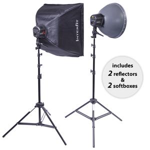 Interfit INT117 Super Cool Lite 5 Studio Lighting Kit with (2) 500w Fluorescent Heads  (2) Stands  (2) 15" Reflectors & (2) 24" Softboxes - Digital Cameras and Accessories - Hip Lens.com