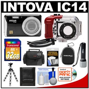 Intova IC14 Sports Digital Camera with 180' Waterproof Housing (Black) with 32GB Card + Video Light Torch + (2) Cases + Tripod + Accessory Kit