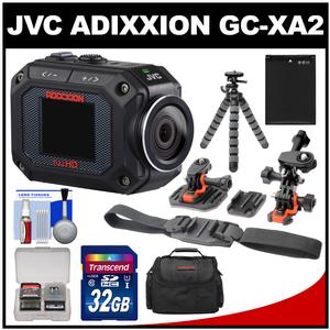 JVC GC-XA2 Adixxion Quad Proof Full HD Wi-Fi Digital Video Action Camera Camcorder with Flat Surface & Helmet Mounts + 32GB Card + Battery + Case + Tripod + Accessory Kit