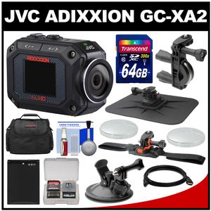 JVC GC-XA2 Adixxion Quad Proof Full HD Wi-Fi Digital Video Action Camera Camcorder with Handlebar Helmet Suction Cup & Dash Mounts + 64GB Card + Case + Battery + Kit