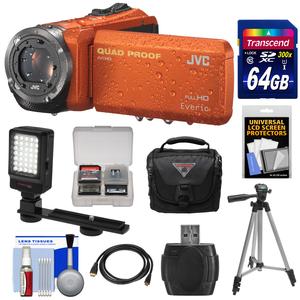 JVC Everio GZ-R320 Quad Proof Full HD Digital Video Camera Camcorder (Orange) with 64GB Card + Case + Tripod + LED Light + Kit