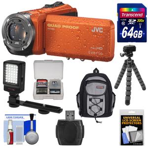 JVC Everio GZ-R320 Quad Proof Full HD Digital Video Camera Camcorder (Orange) with 64GB Card + Backpack Case + Flex Tripod + LED Light + Kit