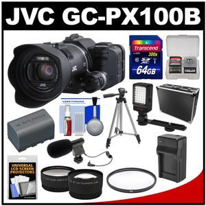 JVC GC-PX100B Procision Full HD Wi-Fi Digital Video Camera Camcorder with 64GB Card + Case + LED Light + Battery/Charger + Mic + Tripod + Tele/Wide Lens Kit