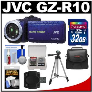 JVC Everio GZ-R10 Quad Proof Full HD Digital Video Camera Camcorder (Blue) with 32GB Card + Case + Tripod + Accessory Kit