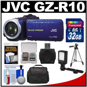 JVC Everio GZ-R10 Quad Proof Full HD Digital Video Camera Camcorder (Blue) with 32GB Card + Case + LED Light + Tripod + Kit