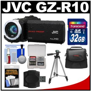 JVC Everio GZ-R10 Quad Proof Full HD Digital Video Camera Camcorder (Black) with 32GB Card + Case + Tripod + Accessory Kit