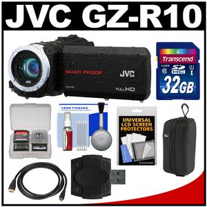 JVC Everio GZ-R10 Quad Proof Full HD Digital Video Camera Camcorder (Black) with 32GB Card + Case + HDMI Cable + Accessory Kit