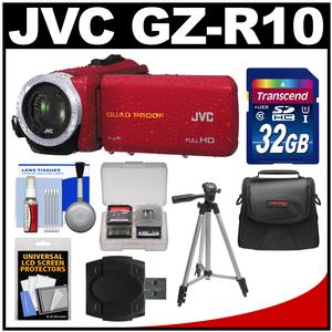 JVC Everio GZ-R10 Quad Proof Full HD Digital Video Camera Camcorder (Red) with 32GB Card + Case + Tripod + Accessory Kit