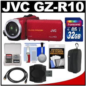 JVC Everio GZ-R10 Quad Proof Full HD Digital Video Camera Camcorder (Red) with 32GB Card + Case + HDMI Cable + Accessory Kit