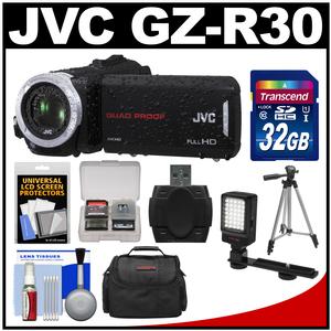 JVC Everio GZ-R30 Quad Proof Full HD Digital Video Camera Camcorder with 32GB Card + Case + LED Light + Tripod + Kit