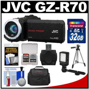 JVC Everio GZ-R70 Quad Proof Full HD Digital Video Camera Camcorder with 32GB Card + Case + LED Light + Tripod + Kit