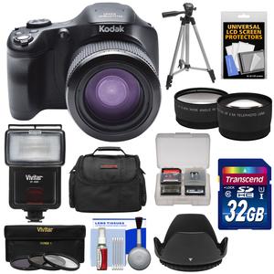 Kodak PixPro AZ651 Astro Zoom Wi-Fi Digital Camera with 32GB Card + Case + Flash + Tripod + 3 Filters + Tele/Wide Lens Kit