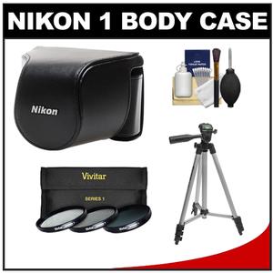 Nikon CB-N2000SA Leather Body Case Set for 1 J1 Camera & 10-30mm Lens (Black) with Tripod + 3 UV/CPL/ND8 Filters + Accessory Kit - Digital Cameras and Accessories - Hip Lens.com