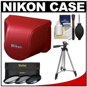 Nikon CB-N2000SE Leather Body Case Set for 1 J1 Camera & 10-30mm Lens (Red) with Tripod + 3 UV/CPL/ND8 Filters + Accessory Kit - Digital Cameras and Accessories - Hip Lens.com