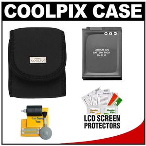Nikon Coolpix 9616 Neoprene Digital Camera Case (Black) with EN-EL12 Battery + Cleaning Kit - Digital Cameras and Accessories - Hip Lens.com
