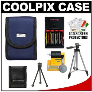 Nikon Coolpix 9617 Neoprene Digital Camera Case (Blue) with (4) AA Batteries & Charger + Tripod + Accessory Kit - Digital Cameras and Accessories - Hip Lens.com