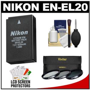Nikon EN-EL20 Rechargeable Li-ion Battery + 3 40.5mm UV/CPL/ND8 Filters + Cleaning Kit for 1 J1 Interchangeable Lens Digital Camera - Digital Cameras and Accessories - Hip Lens.com