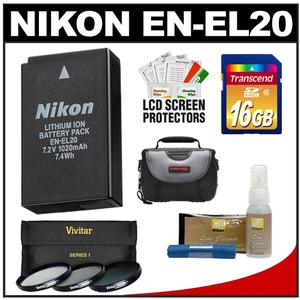 Nikon EN-EL20 Rechargeable Li-ion Battery with 16GB Card + 3 40.5mm UV/CPL/ND8 Filters + Case + Kit for 1 J1 Digital Camera - Digital Cameras and Accessories - Hip Lens.com