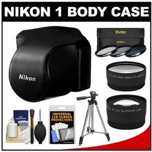 Nikon CB-N1000SA Leather Body Case Set for 1 V1 Camera & 10-30mm Lens (Black) with Tripod + 2 Lens Set + 3 UV/CPL/ND8 Filters + Accessory Kit