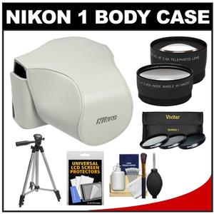 Nikon CB-N1000SB Leather Body Case Set for 1 V1 Camera & 10-30mm Lens (White) with Tripod + 2 Lens Set + 3 UV/CPL/ND8 Filters + Accessory Kit