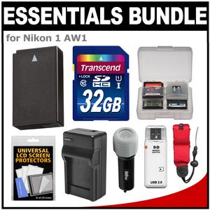 Essentials Bundle for Nikon 1 AW1 Digital Camera & 11-27.5mm Lens with EN-EL20 Battery & Charger + 32GB Card + Float Strap + Accessory Kit