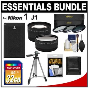 Essentials Bundle for Nikon 1 J1 Digital Camera and 10-30mm Lens with EN-EL20 Battery + 32GB Card + 3 UV/CPL/ND8 Filters + Tripod + Tele/Wide Lens Kit - Digital Cameras and Accessories - Hip Lens.com