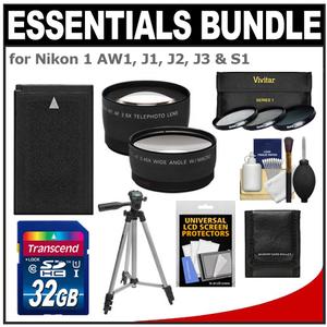 Essentials Bundle for Nikon 1 AW1 J1 J2 J3 & S1 Digital Camera and 10-30mm Lens with EN-EL20 Battery + 32GB Card + 3 UV/CPL/ND8 Filters + Tripod + Tele/Wide Lens Kit