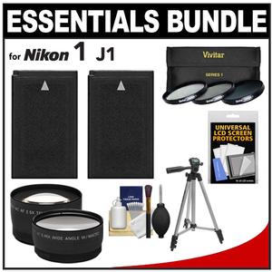 Essentials Bundle for Nikon 1 J1 Digital Camera and 10-30mm Lens with (2) EN-EL20 Batteries + 3 UV/CPL/ND8 Filters + Tripod + Tele/Wide Lens Kit - Digital Cameras and Accessories - Hip Lens.com