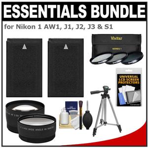 Essentials Bundle for Nikon 1 AW1 J1 J2 J3 & S1 Digital Camera and 10-30mm Lens with (2) EN-EL20 Batteries + 3 UV/CPL/ND8 Filters + Tripod + Tele/Wide Lens Kit