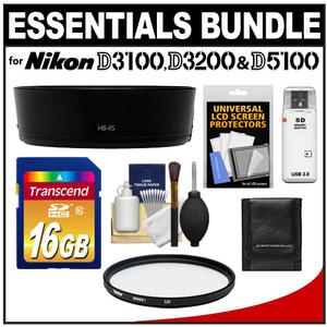 Essentials Bundle for Nikon D3100  D3200 & D5100 Digital SLR Camera and 18-55mm VR Lens with 16GB Card + Hood + Filter + Accessory Kit - Digital Cameras and Accessories - Hip Lens.com
