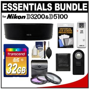 Essentials Bundle for Nikon D3100  D3200 & D5100 Digital SLR Camera and 18-55mm VR Lens with 32GB Card + 3 (UV/FLD/CPL) Filters + Hood + ML-L3 Remote + Accessor - Digital Cameras and Accessories - Hip Lens.com