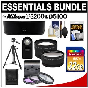 Essentials Bundle for Nikon D3100  D3200 & D5100 Digital SLR Camera and 18-55mm VR Lens with 32GB Card + 3 (UV/FLD/CPL) Filters + Hood + Tripod + 2 Lenses Set + - Digital Cameras and Accessories - Hip Lens.com